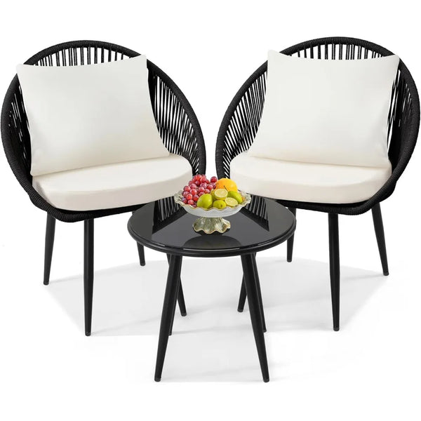 3-Piece Bistro Set, Woven Rope Chairs with Cushions