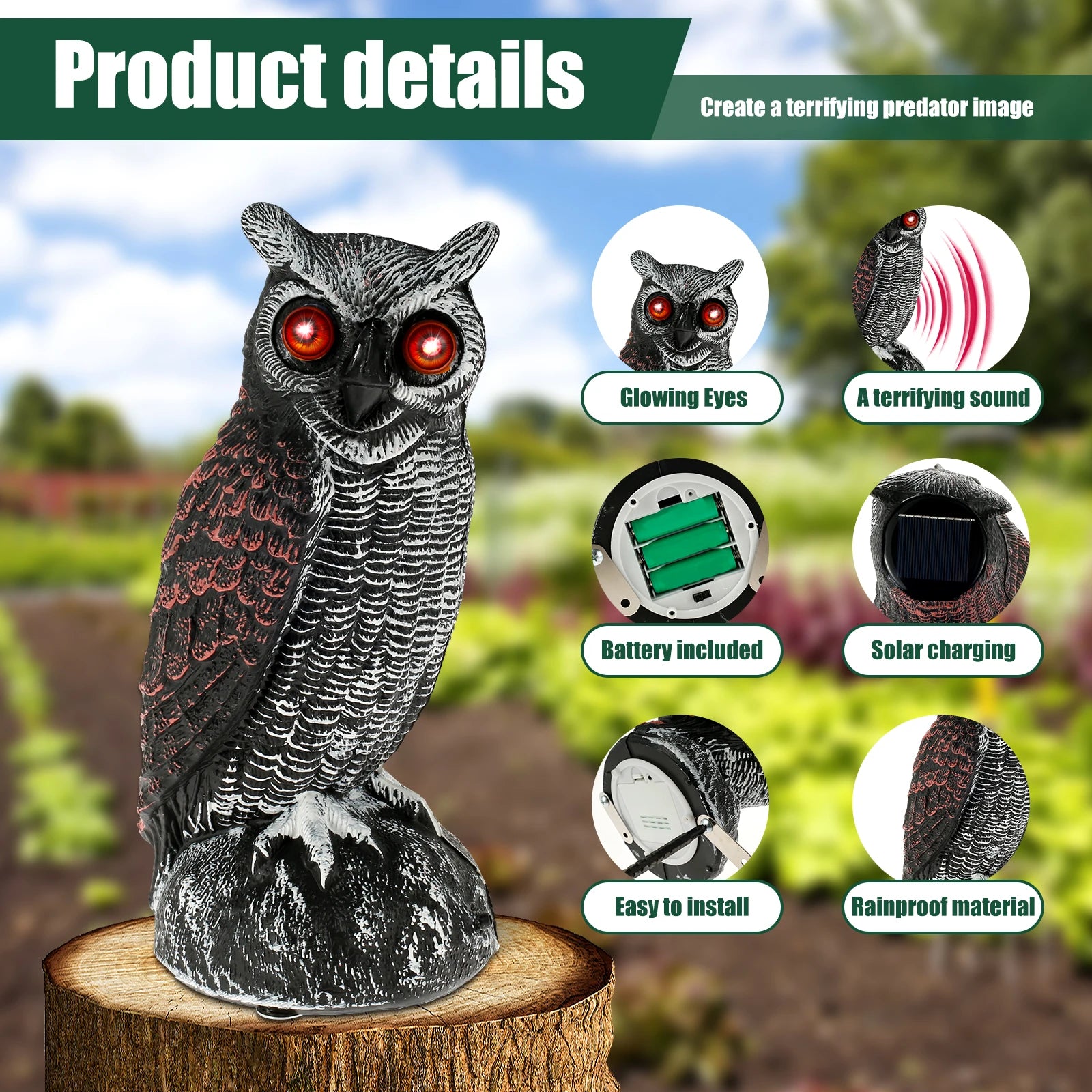 Solar Owl Bird Repellent – Realistic Garden Deterrent with Sound & Glowing Eyes