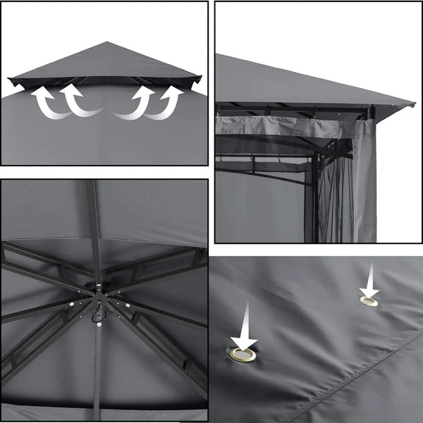 Outdoor Steel Frame Gazebo with Mosquito Netting – Dark Gray