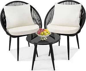 3-Piece Bistro Set, Woven Rope Chairs with Cushions