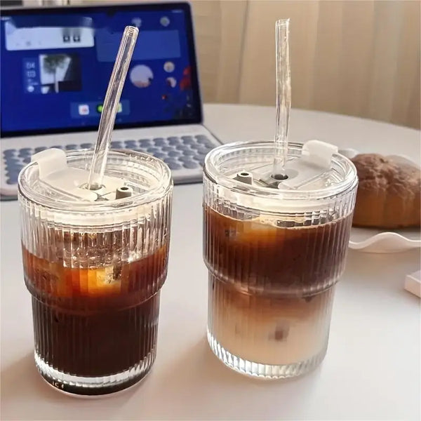 450ml Stripe Glass Cup with Lid & Straw – Stylish, Versatile Drinkware for Everyday Refreshment