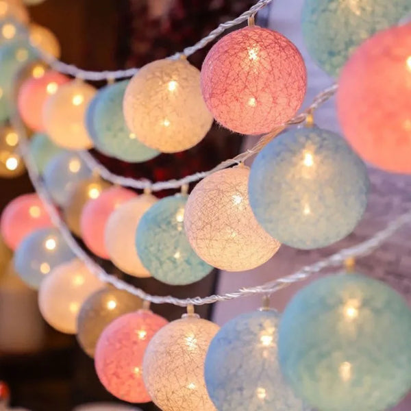 Battery-Powered Colorful Cotton Ball String Lights – 4cm LED Fairy Lights