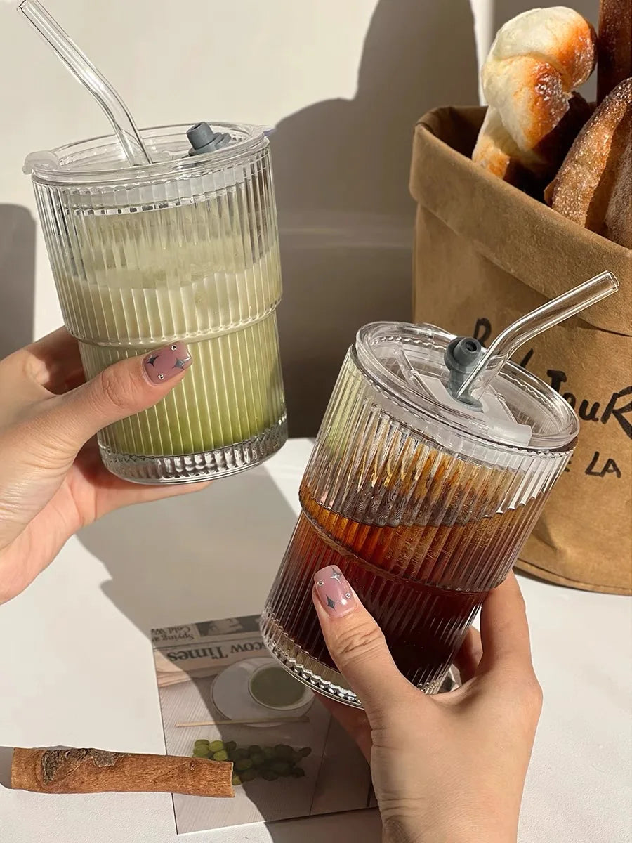 450ml Stripe Glass Cup with Lid & Straw – Stylish, Versatile Drinkware for Everyday Refreshment
