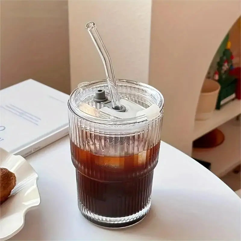 450ml Stripe Glass Cup with Lid & Straw – Stylish, Versatile Drinkware for Everyday Refreshment
