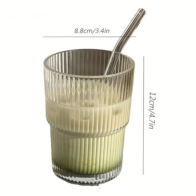 450ml Stripe Glass Cup with Lid & Straw – Stylish, Versatile Drinkware for Everyday Refreshment