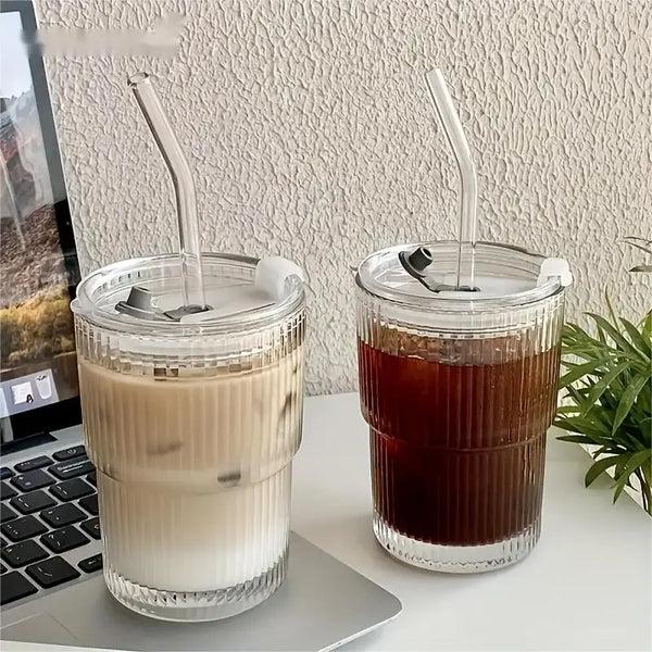 450ml Stripe Glass Cup with Lid & Straw – Stylish, Versatile Drinkware for Everyday Refreshment