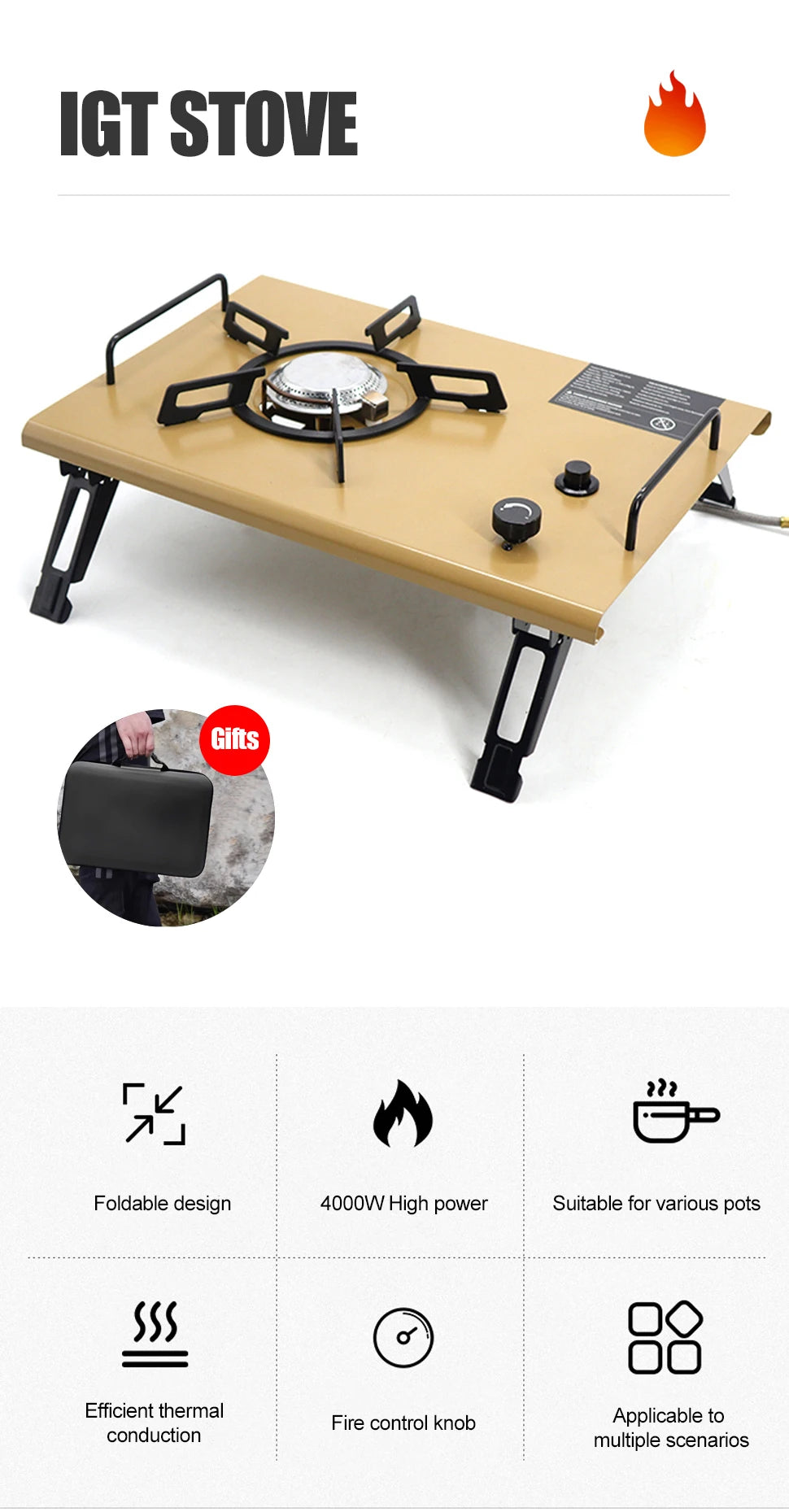 WESTTUNE 4000W High Power Portable Gas Stove – IGT-Compatible Folding Outdoor Burner