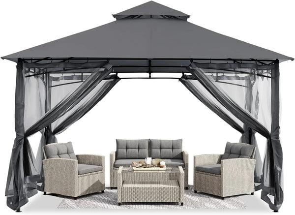 Outdoor Steel Frame Gazebo with Mosquito Netting – Dark Gray