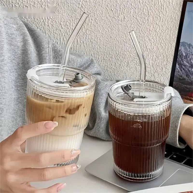 450ml Stripe Glass Cup with Lid & Straw – Stylish, Versatile Drinkware for Everyday Refreshment